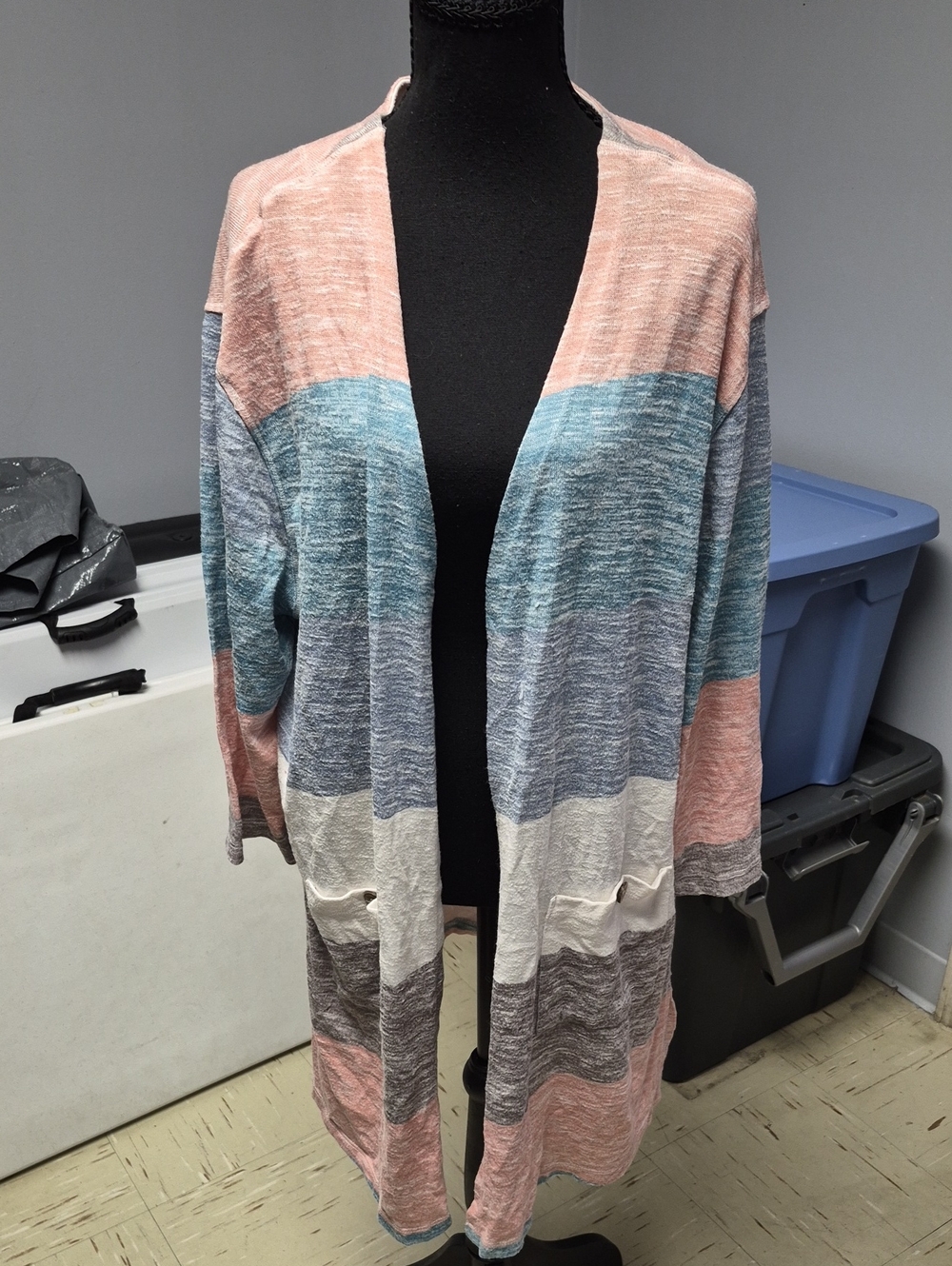 Multiples Striped Open-Front Cardigan in Pink, Blue, Gray, Cream